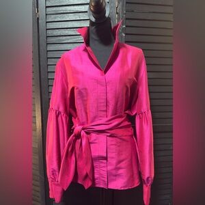 Lafayette 148 NY 100% Silk Tie-Waist Blouse Fuchsia Pink Balloon Sleeve